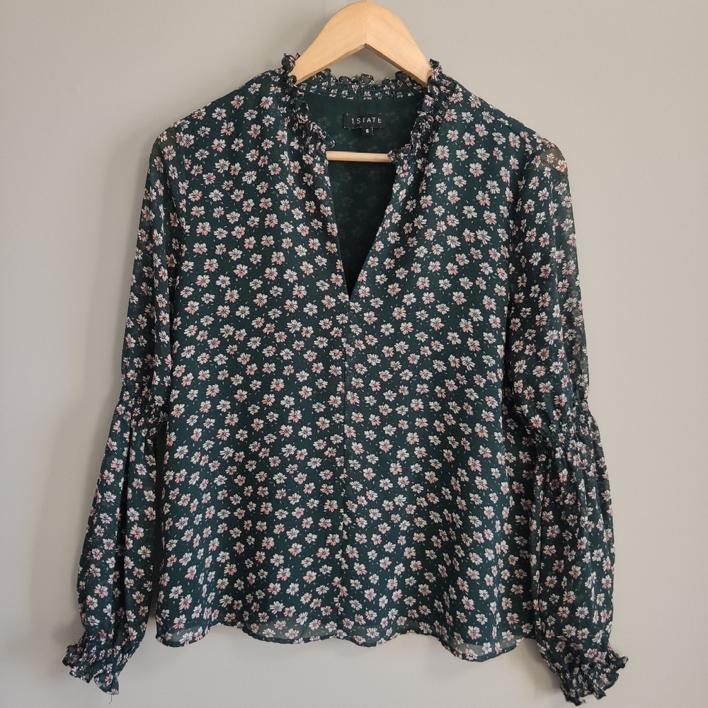 1. State Green Floral V-Neck Long Sleeve Blouse Size Small - Picture 3 of 11